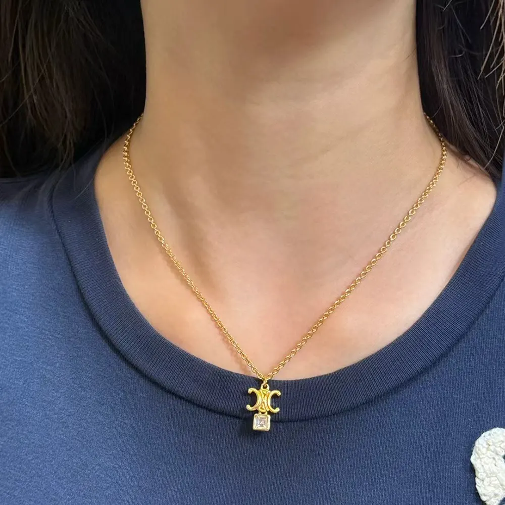 Celine Women Triomphe Twinkle Necklace in Strass and Brass with Gold Finish