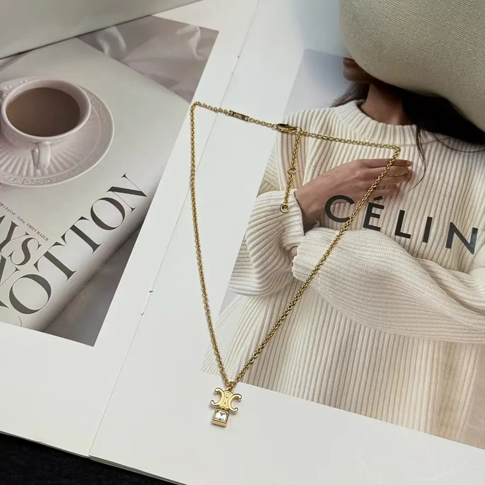 Celine Women Triomphe Twinkle Necklace in Strass and Brass with Gold Finish