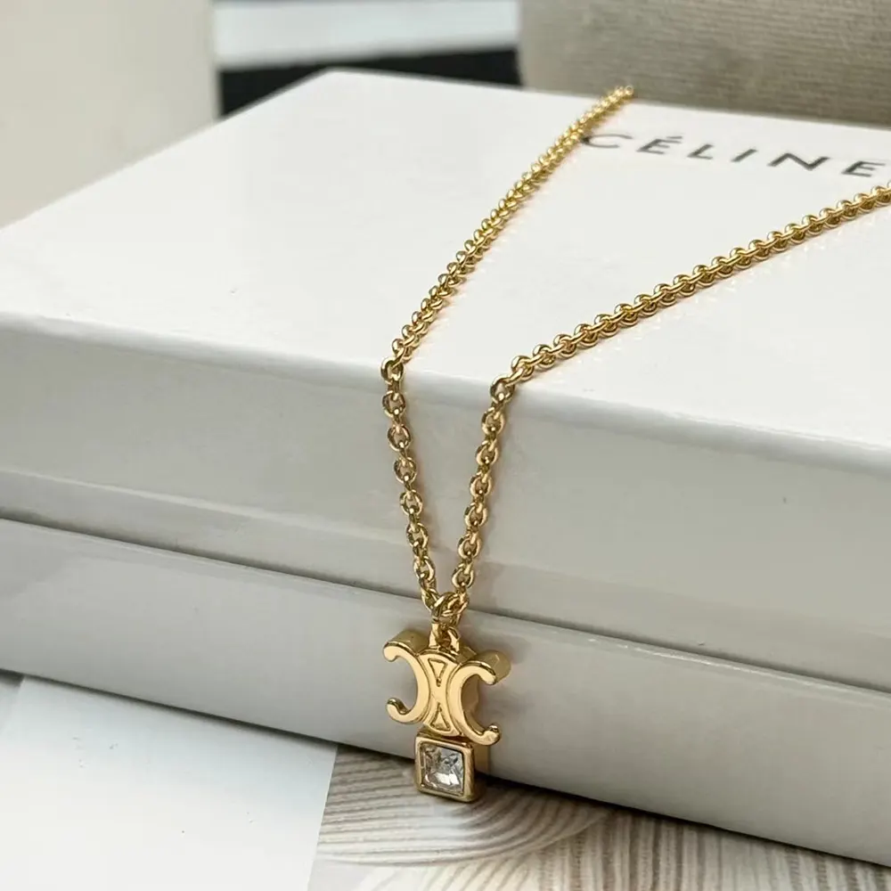 Celine Women Triomphe Twinkle Necklace in Strass and Brass with Gold Finish