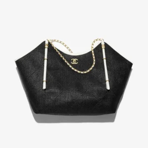 Chanel Women Maxi Shopping Bag Braided Raffia Calfskin & Gold-Tone Metal-Black
