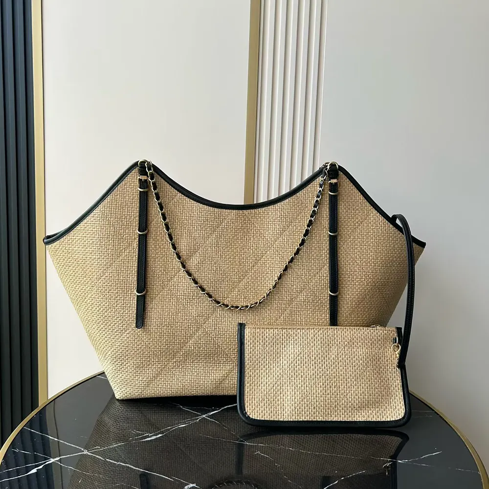 Chanel Women Maxi Shopping Bag Braided Raffia Calfskin & Gold-Tone Metal-Dark Beige