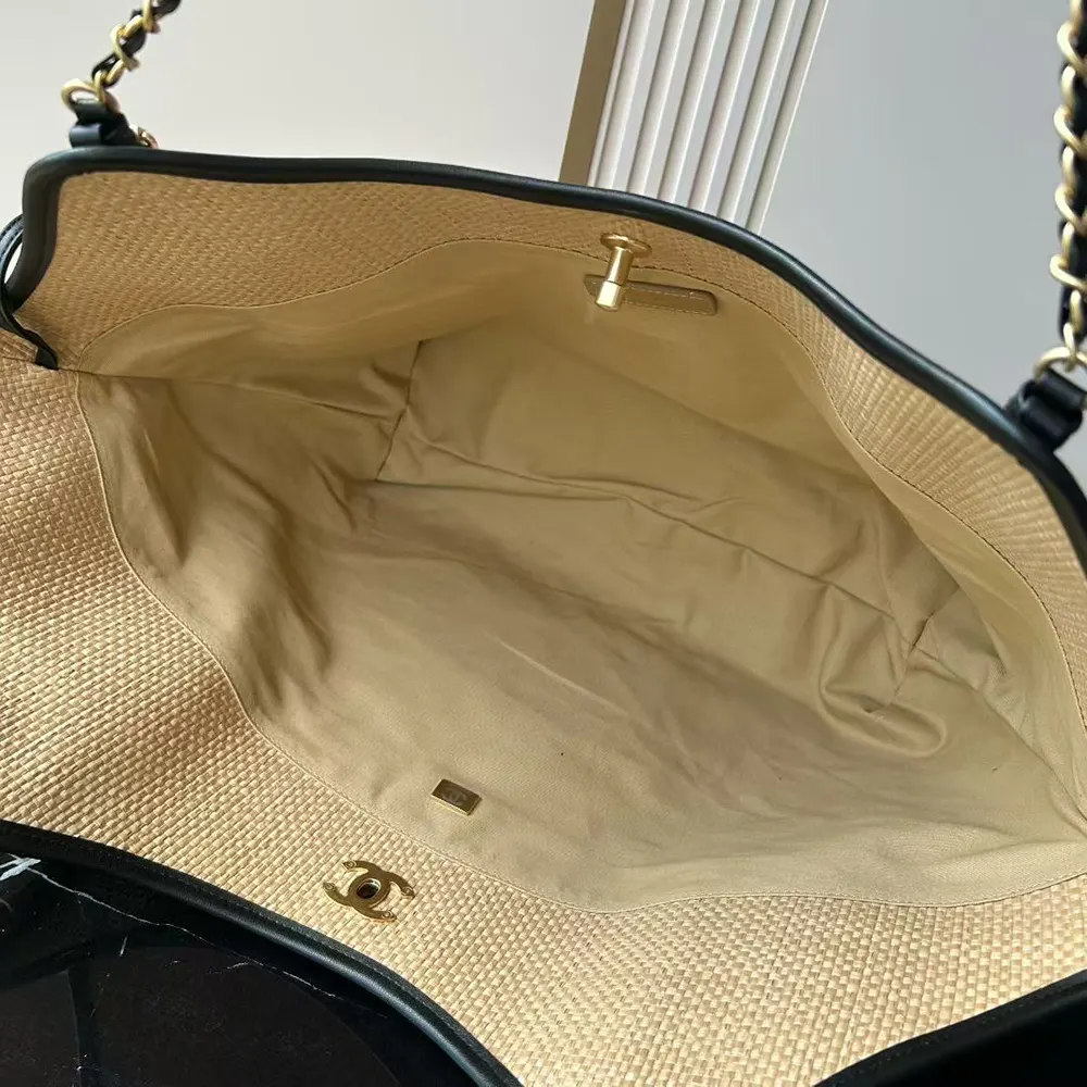 Chanel Women Maxi Shopping Bag Braided Raffia Calfskin & Gold-Tone Metal-Dark Beige