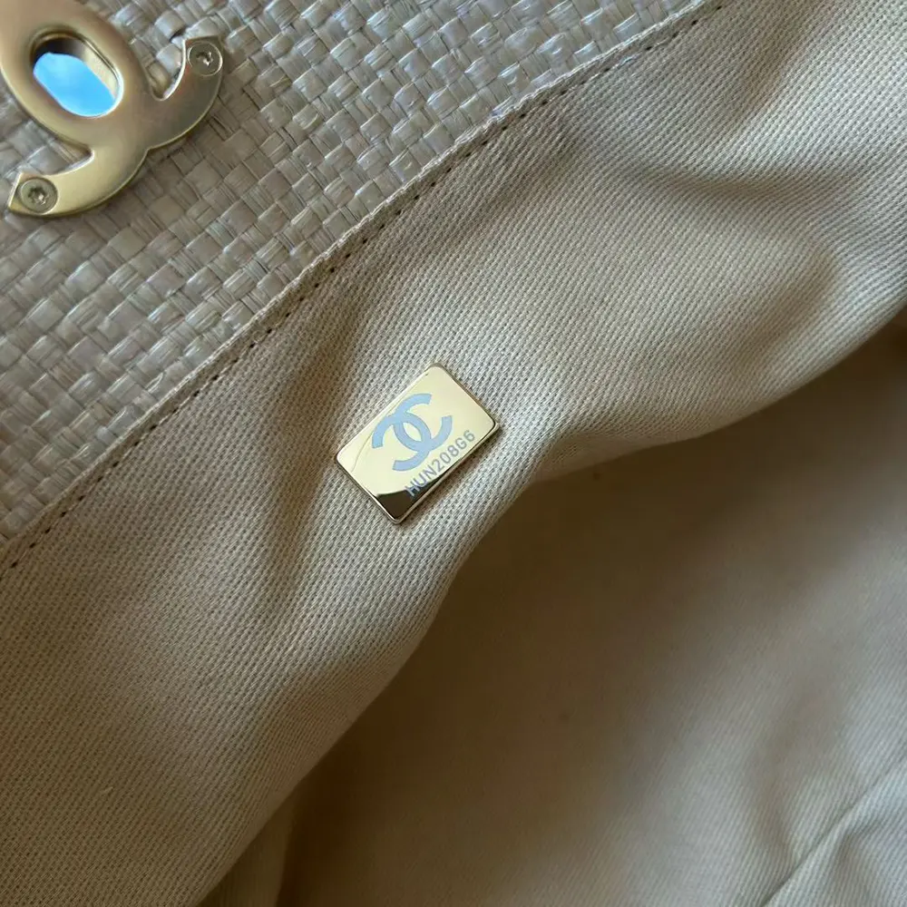 Chanel Women Maxi Shopping Bag Braided Raffia Calfskin & Gold-Tone Metal-Dark Beige