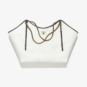 Chanel Women Maxi Shopping Bag Braided Raffia Calfskin & Gold-Tone Metal-White
