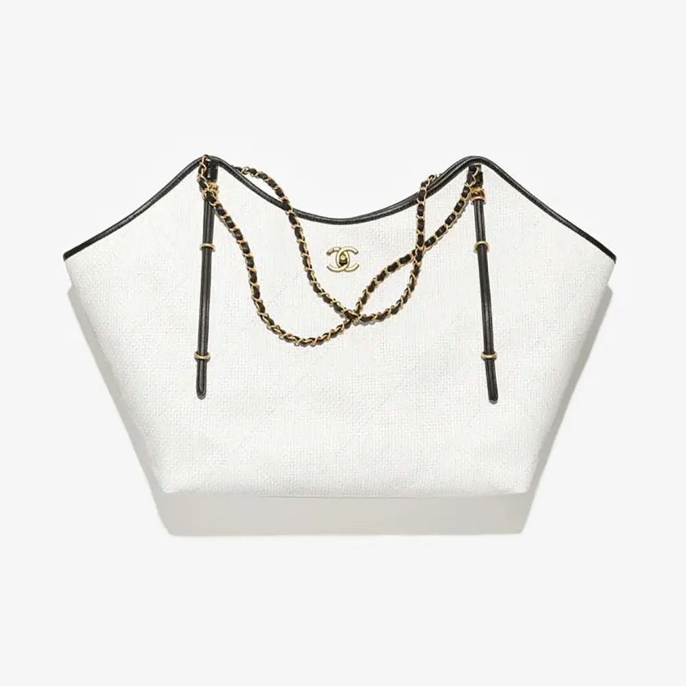 Chanel Women Maxi Shopping Bag Braided Raffia Calfskin & Gold-Tone Metal-White
