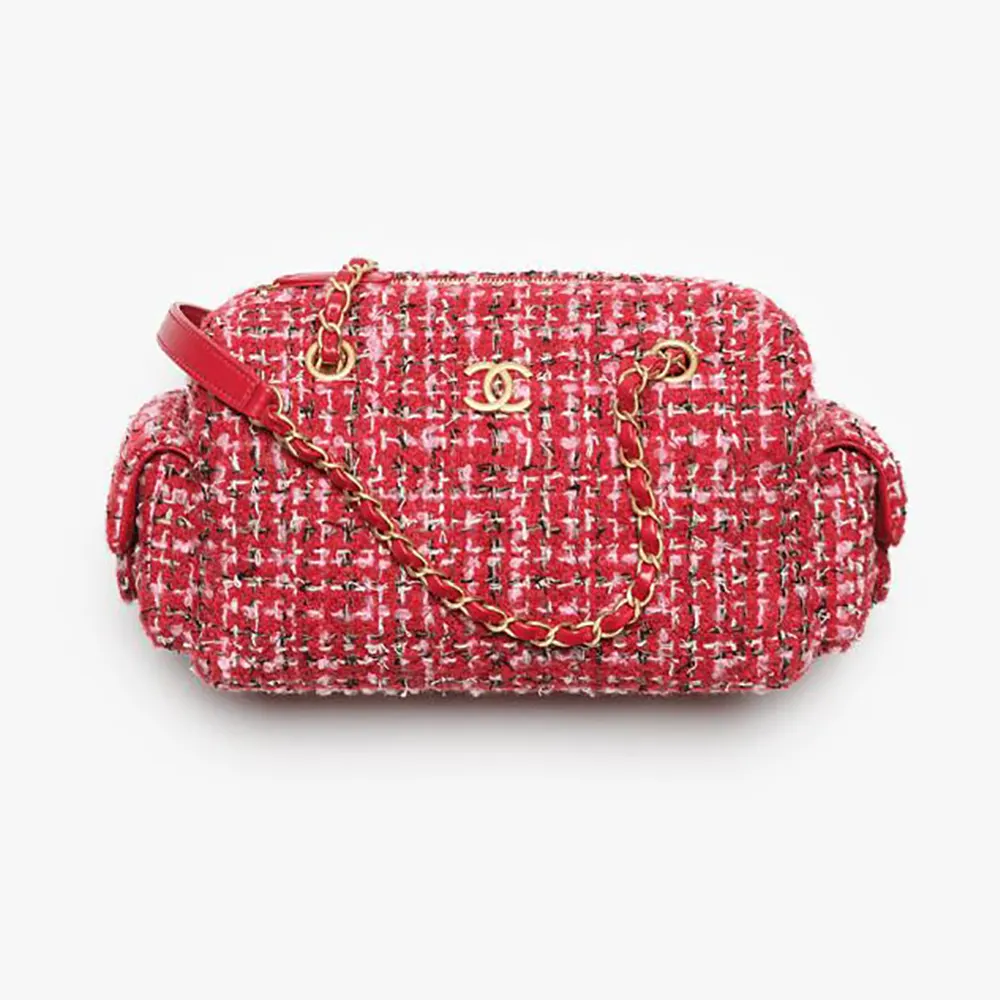 Chanel Women Small Bowling Bag Tweed & Gold-Tone Metal-Red