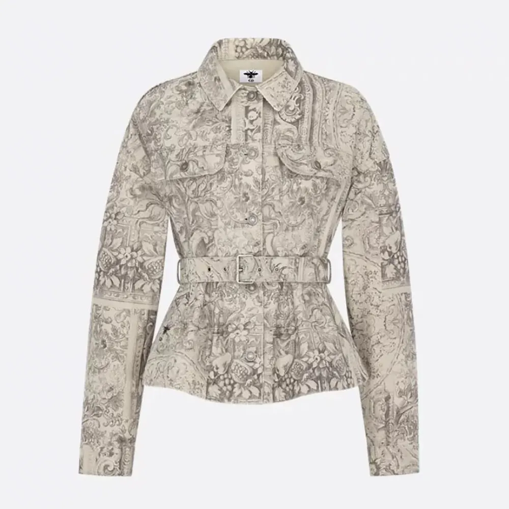 Dior Women Belted Jacket Beige Dior Barocco Cotton-Linen Denim 612V60A3190