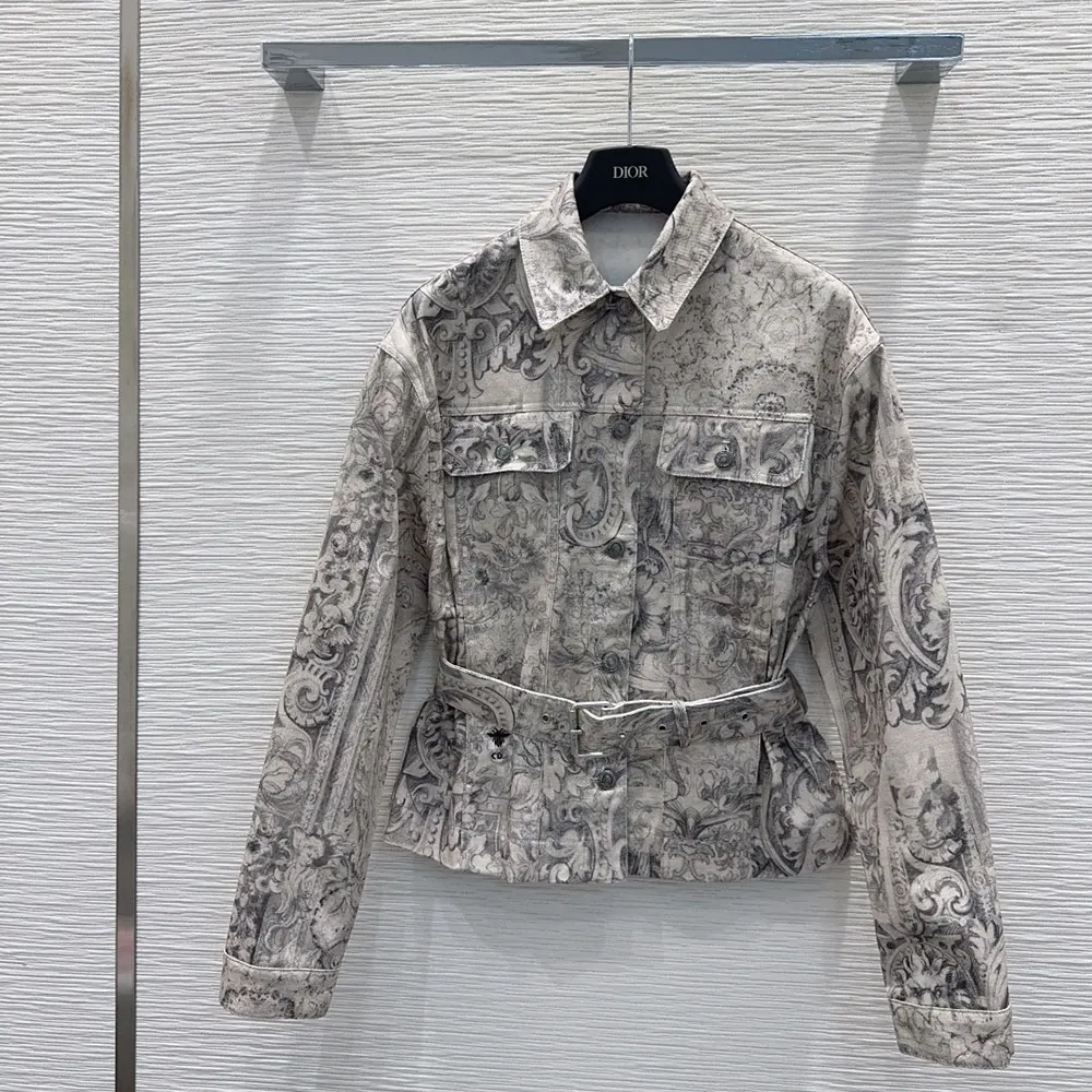 Dior Women Belted Jacket Beige Dior Barocco Cotton-Linen Denim 612V60A3190