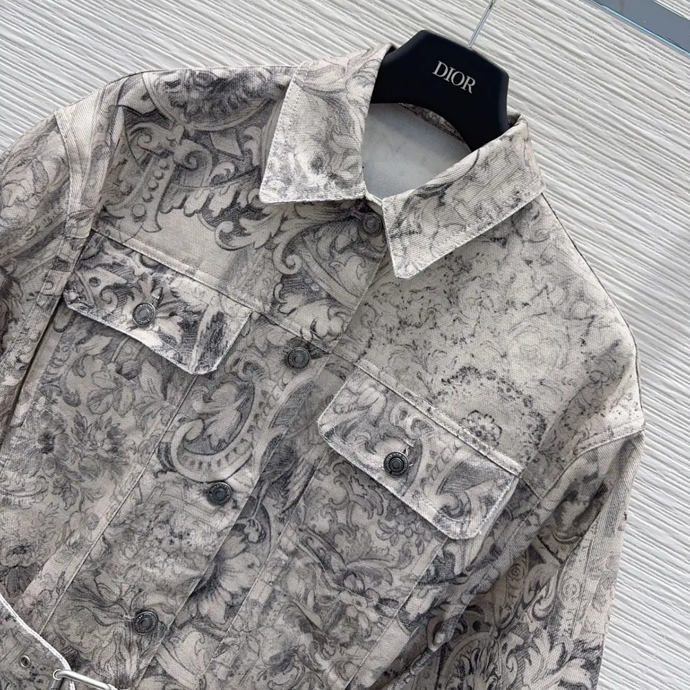 Dior Women Belted Jacket Beige Dior Barocco Cotton-Linen Denim 612V60A3190
