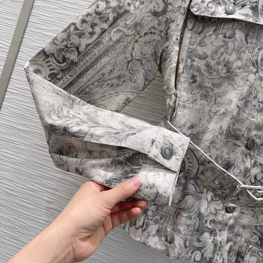 Dior Women Belted Jacket Beige Dior Barocco Cotton-Linen Denim 612V60A3190