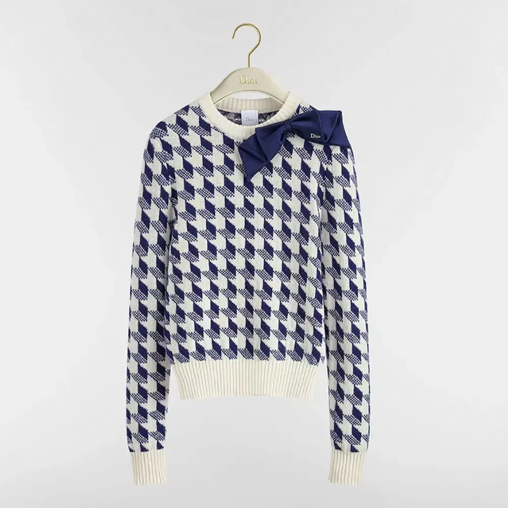 Dior Women Cropped Sweater Navy Blue and White Houndstooth Wool Knit