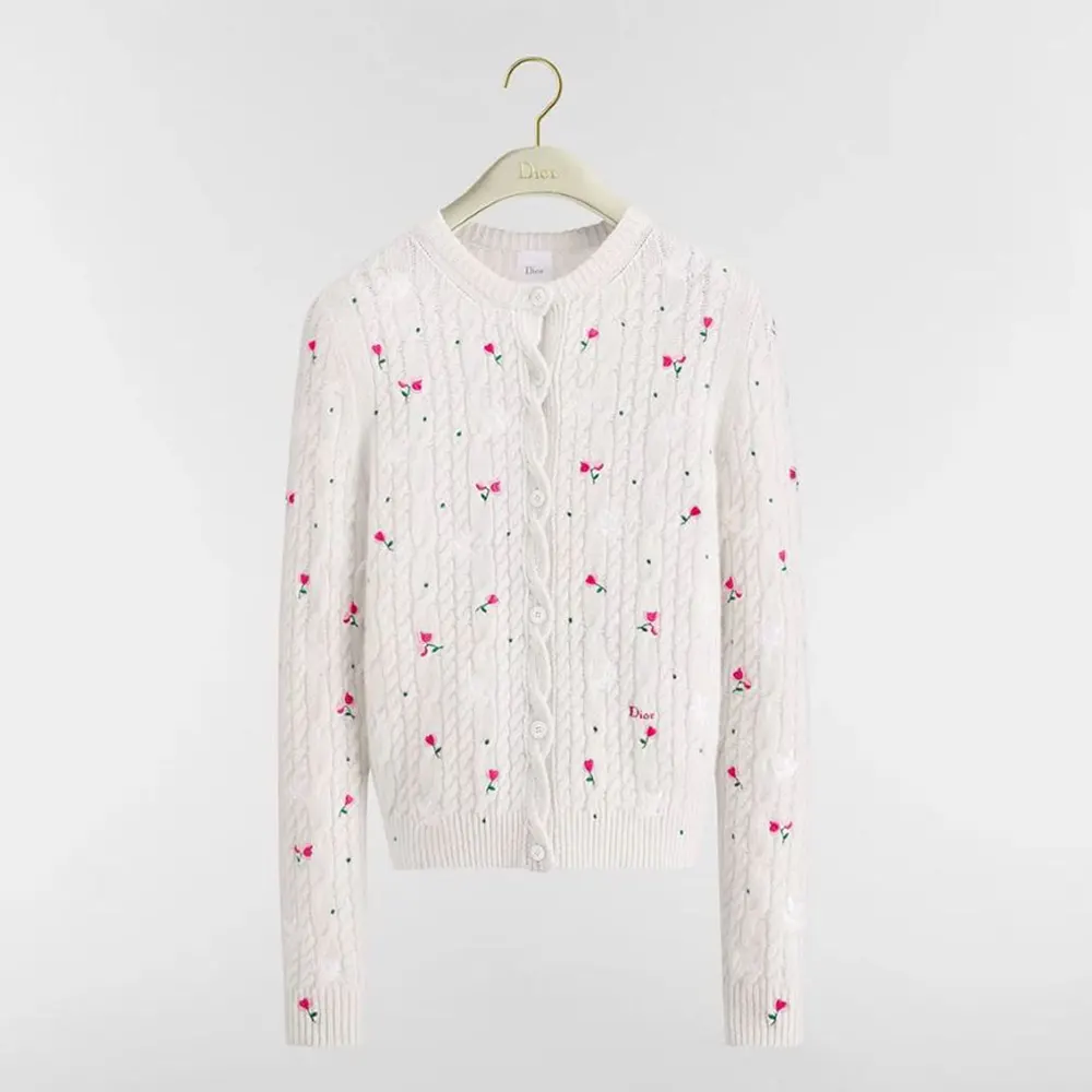 Dior Women Dioramour Embroidered Cardigan Ecru Cashmere Cable-Knit with Multicolor Doves & Roses Motif