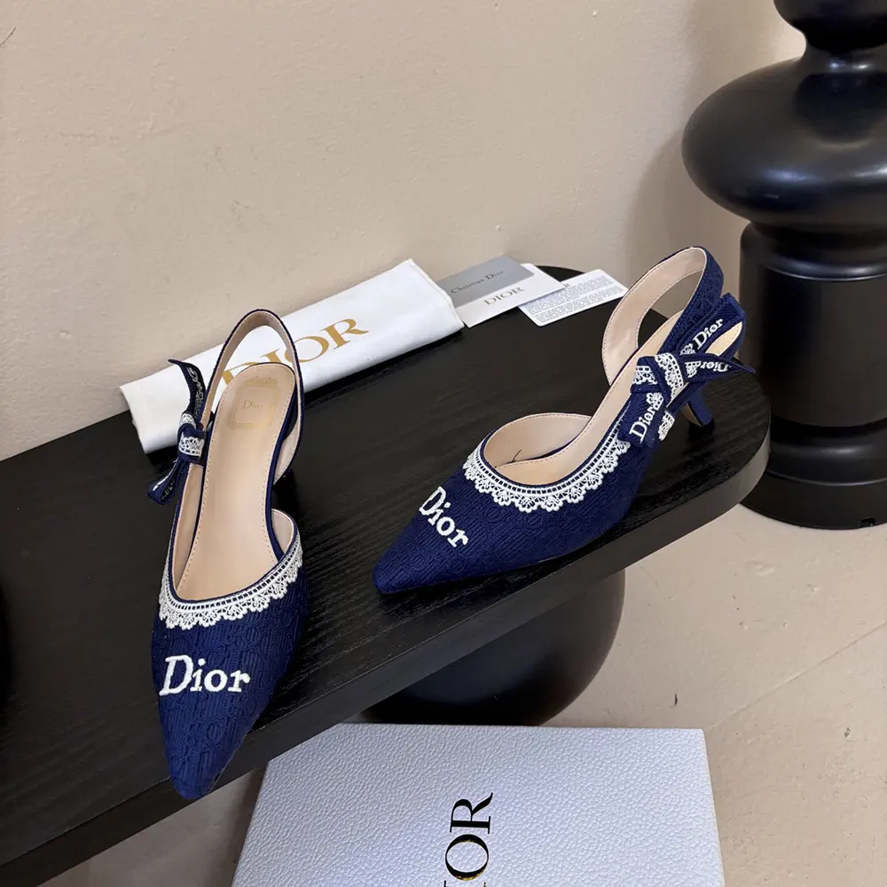 Dior Women J’Adior Slingback Pump Blue Dior Oblique Embroidered Cotton and White Lace