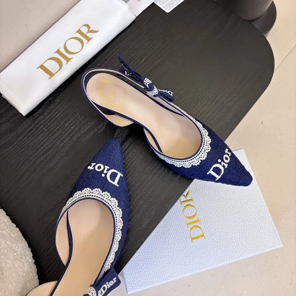 Dior Women J’Adior Slingback Pump Blue Dior Oblique Embroidered Cotton and White Lace