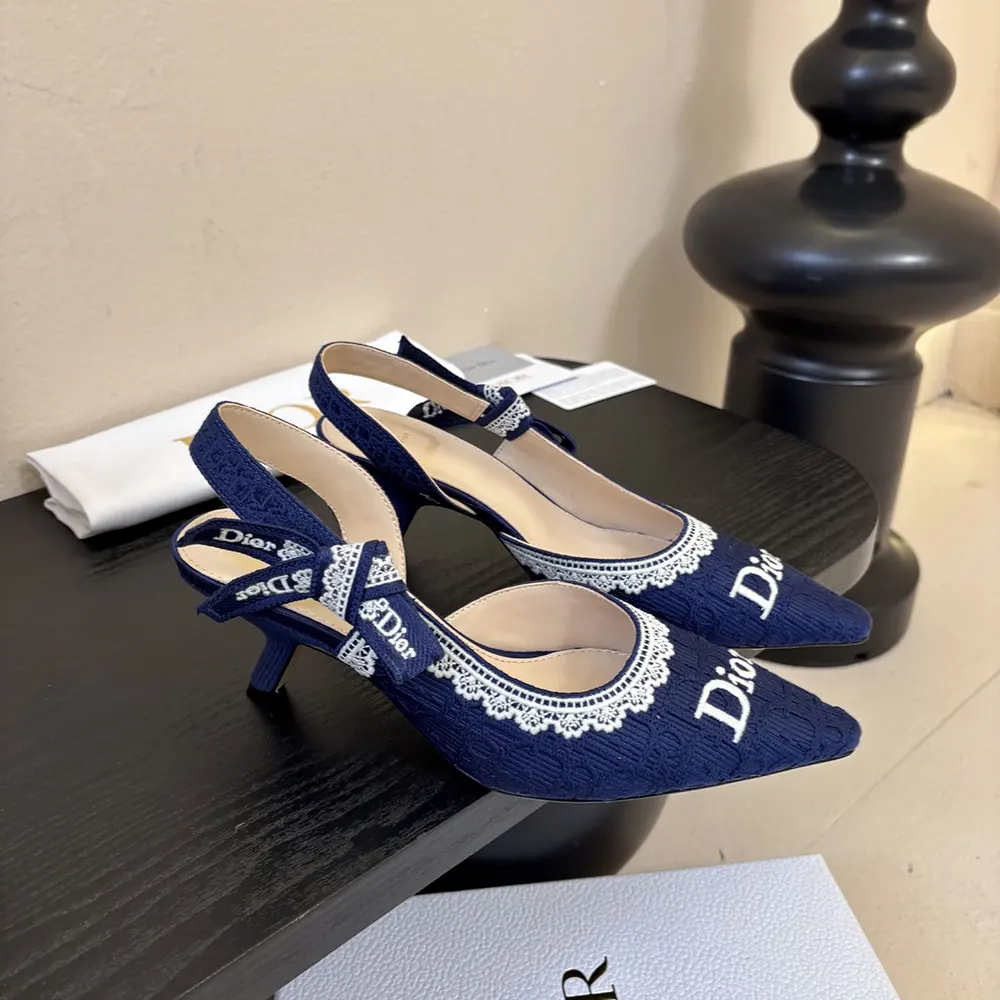 Dior Women J’Adior Slingback Pump Blue Dior Oblique Embroidered Cotton and White Lace