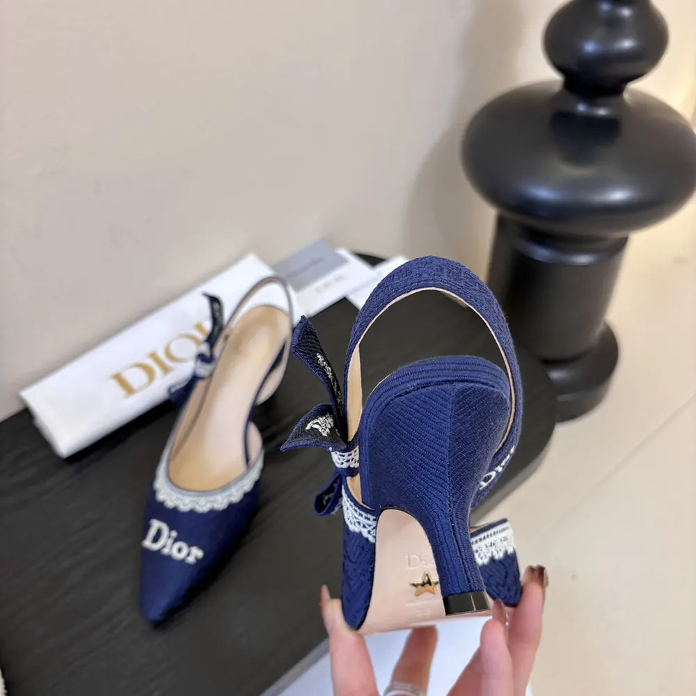 Dior Women J’Adior Slingback Pump Blue Dior Oblique Embroidered Cotton and White Lace