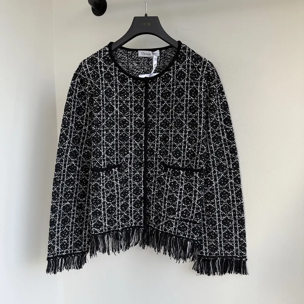 Dior Women Macrocannage Regular-Fit Jacket Black and White Cotton-Blend Tweed Knit