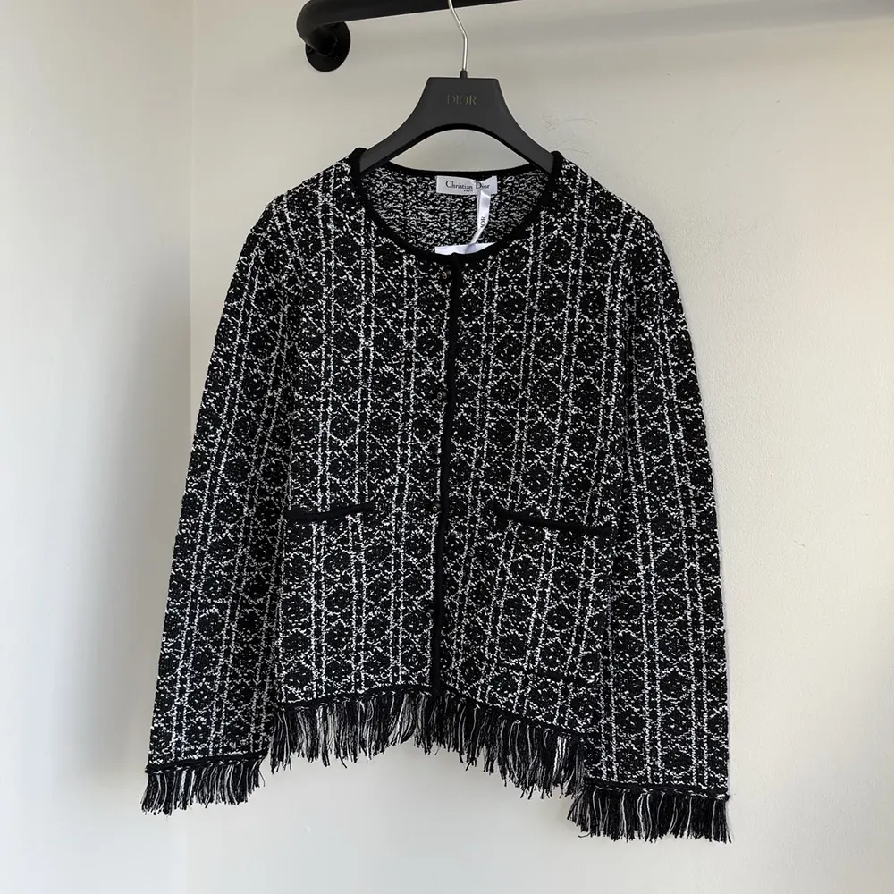 Dior Women Macrocannage Regular-Fit Jacket Black and White Cotton-Blend Tweed Knit