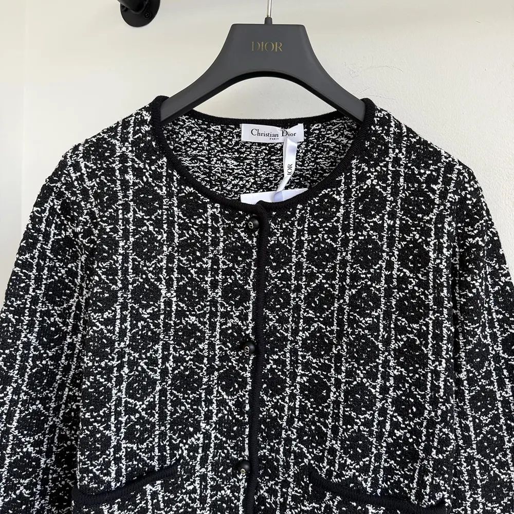 Dior Women Macrocannage Regular-Fit Jacket Black and White Cotton-Blend Tweed Knit