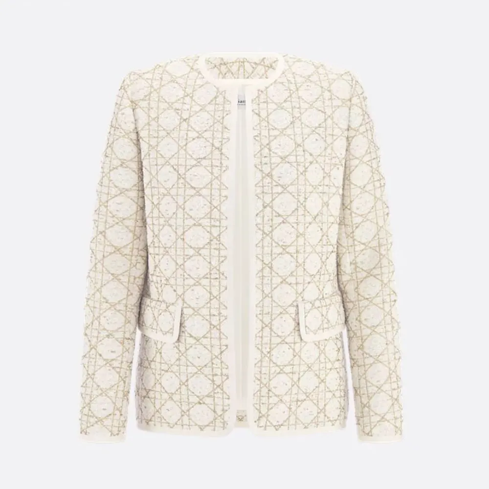 Dior Women Macrocannage Regular-Fit Jacket White and Gold-Tone Wool-Blend Tweed