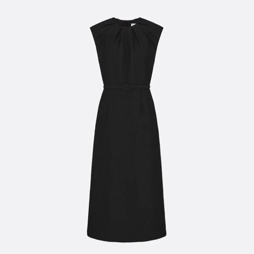 Dior Women Mid-Length Belted Dress Black Virgin Wool-Cotton-Blend Bouclé