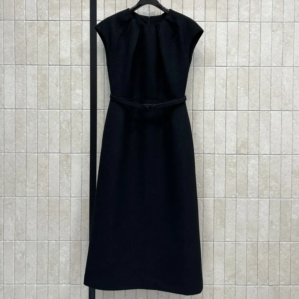 Dior Women Mid-Length Belted Dress Black Virgin Wool-Cotton-Blend Bouclé