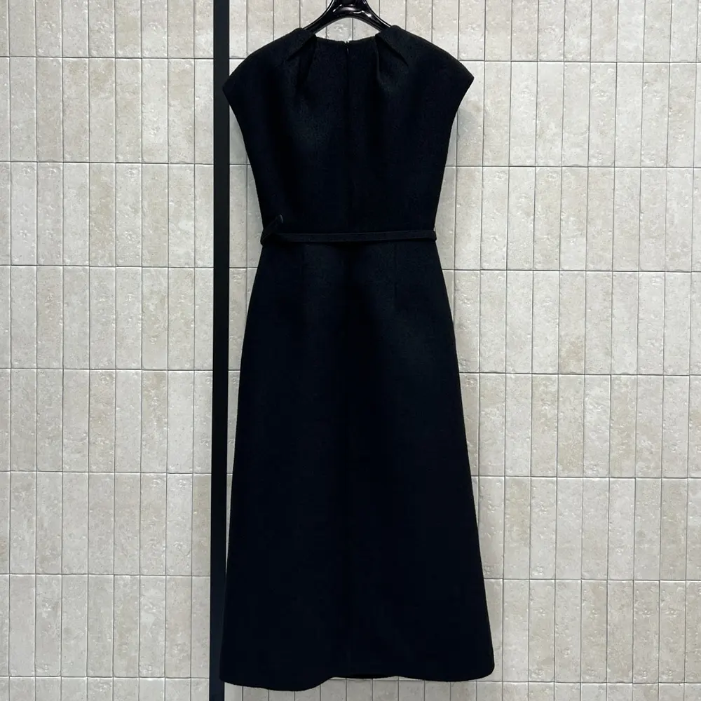 Dior Women Mid-Length Belted Dress Black Virgin Wool-Cotton-Blend Bouclé