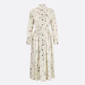 Dior Women Mid-Length Belted Shirtdress Beige Silk Twill with Multicolor Butterflies & Iris Motif