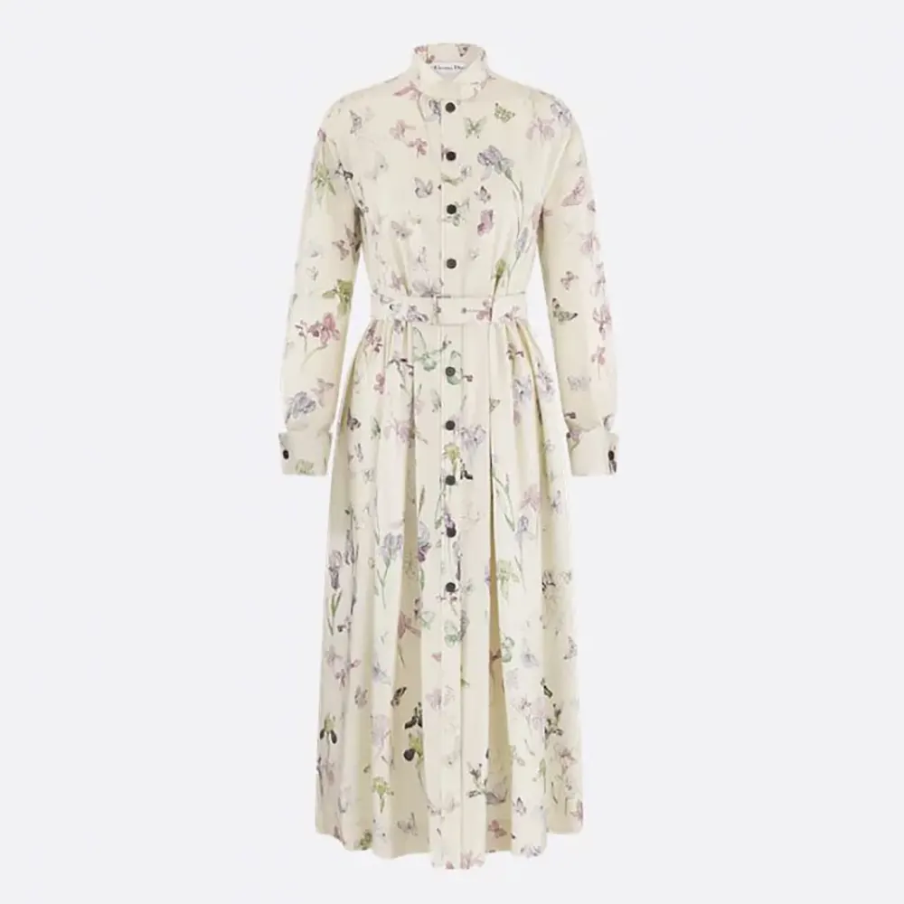 Dior Women Mid-Length Belted Shirtdress Beige Silk Twill with Multicolor Butterflies & Iris Motif