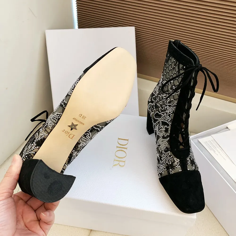 Dior Women Naughtily-D Heeled Ankle Boot Transparent Mesh Embroidered with Black Millefiori Motif