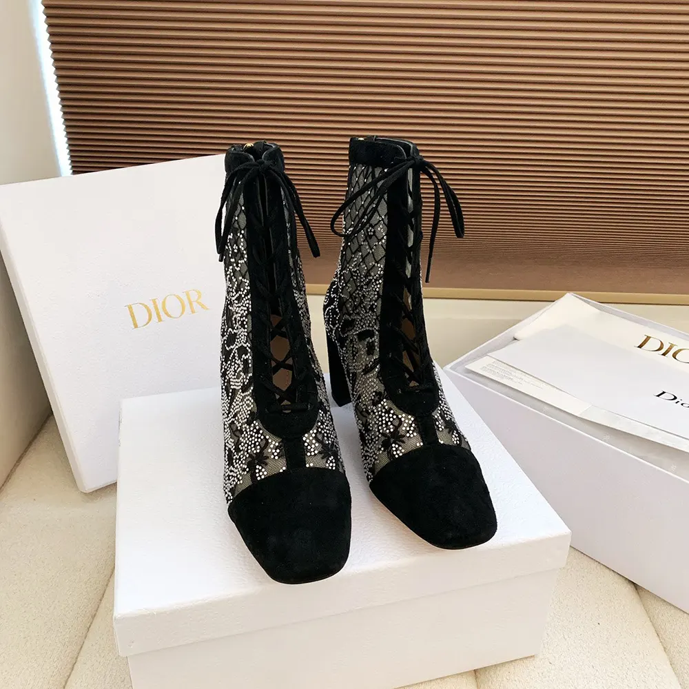 Dior Women Naughtily-D Heeled Ankle Boot Transparent Mesh Embroidered with Black Millefiori Motif
