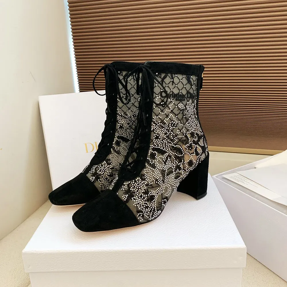 Dior Women Naughtily-D Heeled Ankle Boot Transparent Mesh Embroidered with Black Millefiori Motif