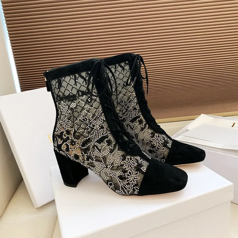 Dior Women Naughtily-D Heeled Ankle Boot Transparent Mesh Embroidered with Black Millefiori Motif
