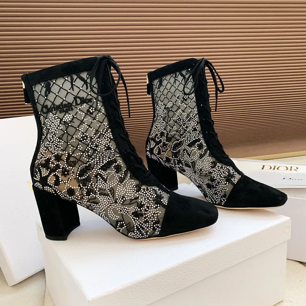 Dior Women Naughtily-D Heeled Ankle Boot Transparent Mesh Embroidered with Black Millefiori Motif