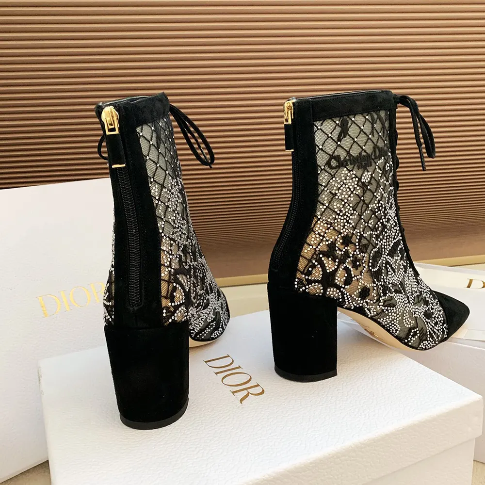 Dior Women Naughtily-D Heeled Ankle Boot Transparent Mesh Embroidered with Black Millefiori Motif