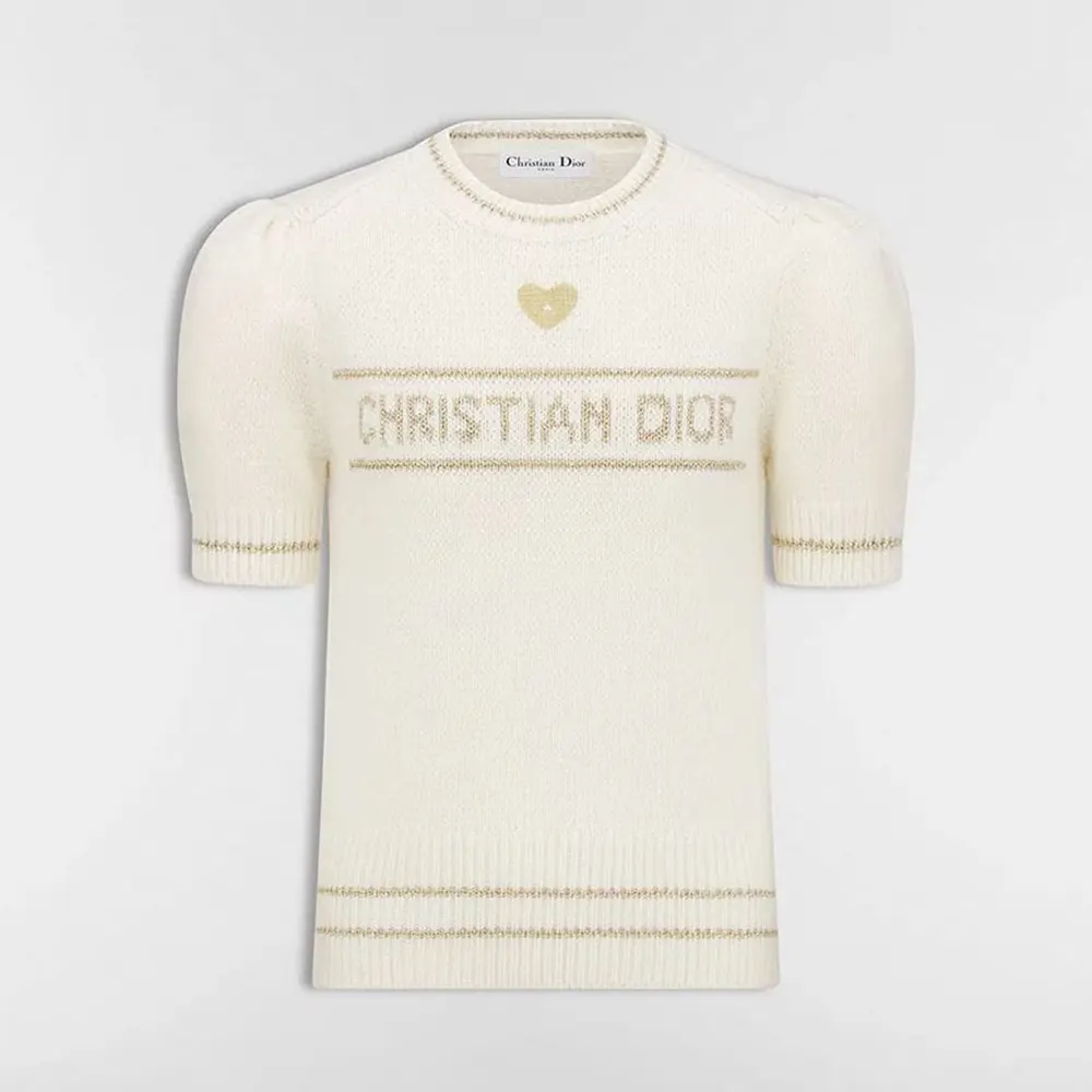 Dior Women Short-Sleeved Sweater Ecru and Gold-Tone Virgin Wool-Cashmere-Blend Knit