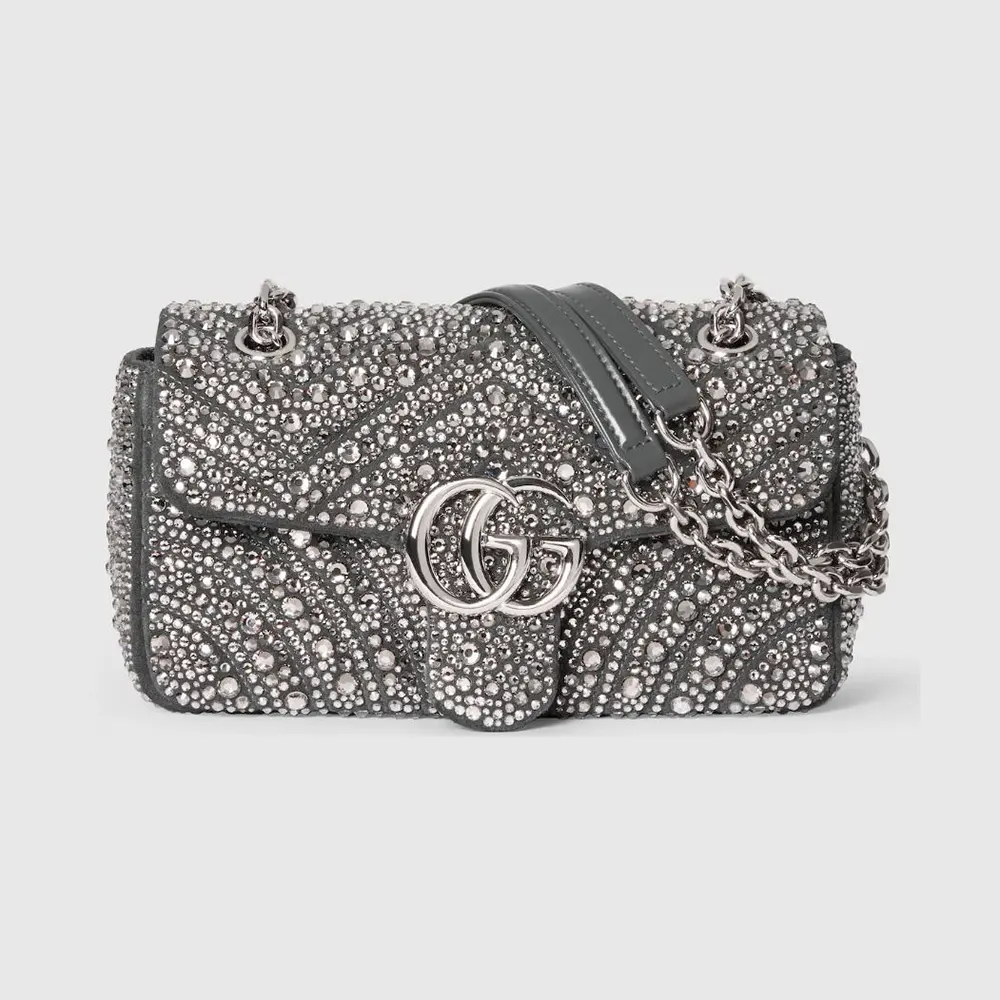 Gucci Women GG Marmont Crystals Small Shoulder Bag-Black ‎837280AAFTQ