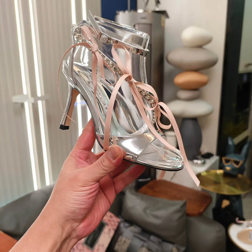 Jimmy Choo Women Lula 100mm Silver and Macaron Liquid Metal Leather Sandals