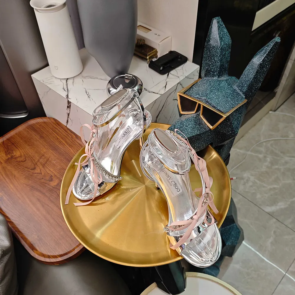 Jimmy Choo Women Lula 100mm Silver and Macaron Liquid Metal Leather Sandals