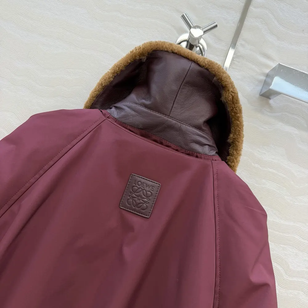 Loewe Women Puffer in Shearling and Cotton Blend-Burgundy S359Y02XFX
