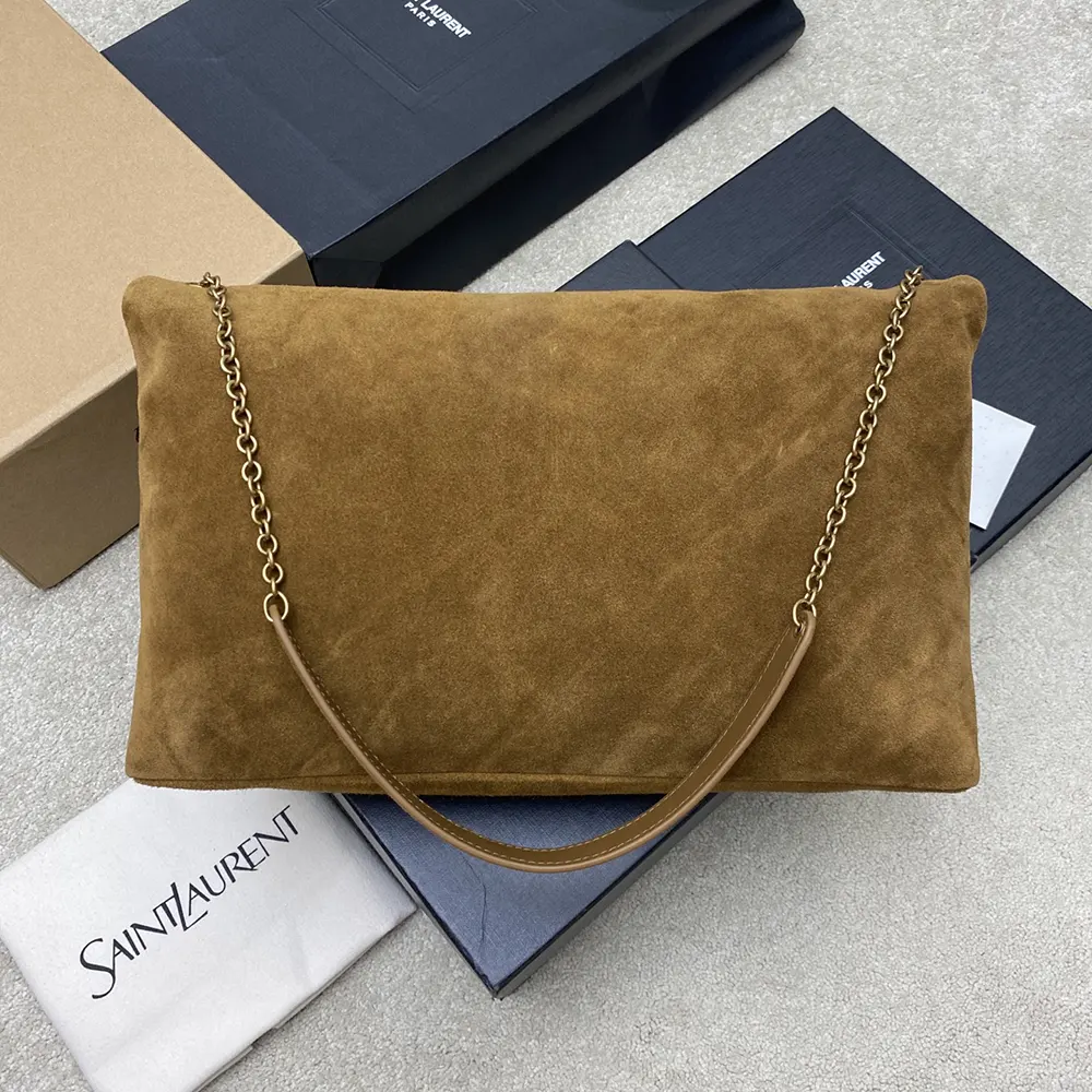 Saint Laurent YSL Women Cassandre xxl Pouch On Chain in Suede-Brown