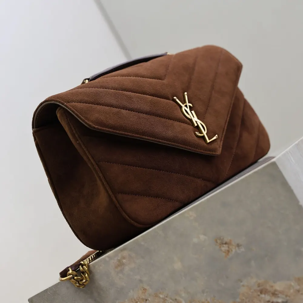 Saint Laurent YSL Women Loulou Medium in Matelassé Suede-Brown 801439AA