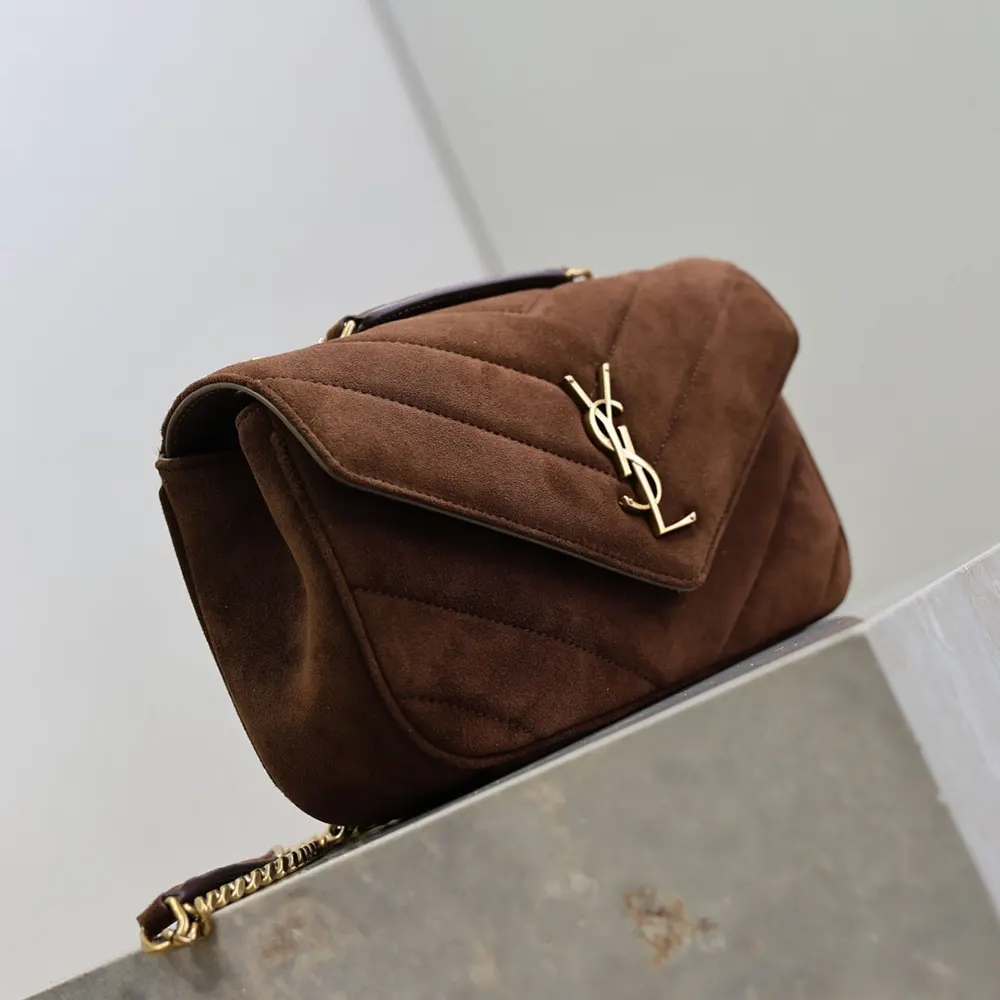 Saint Laurent YSL Women Loulou Small in Matelassé Suede-Brown 801437AA