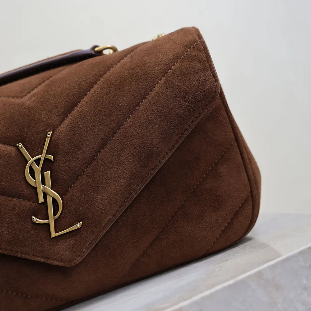 Saint Laurent YSL Women Loulou Small in Matelassé Suede-Brown 801437AA