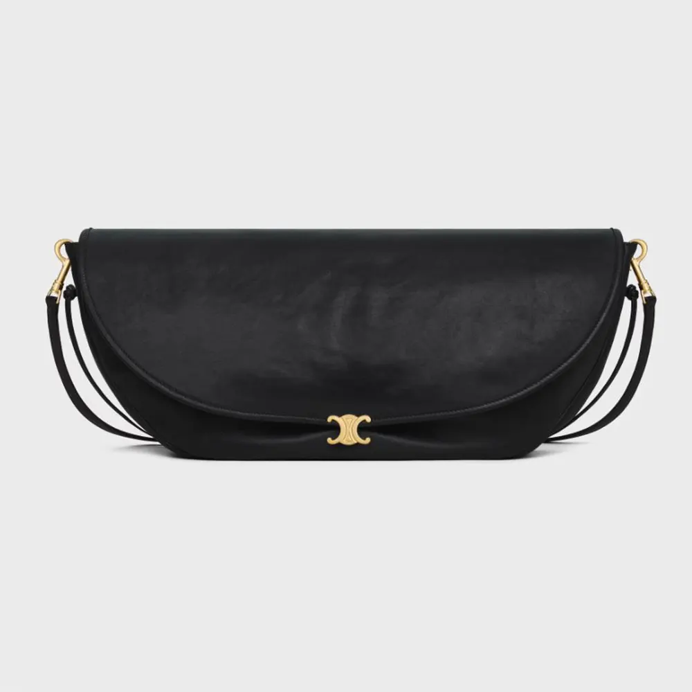 Celine Women Halfmoon Soft Triomphe Bag in Supple Shiny Lambskin-Black