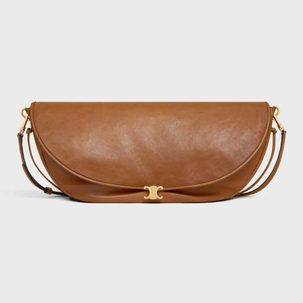Celine Women Halfmoon Soft Triomphe Bag in Supple Shiny Lambskin-Brown