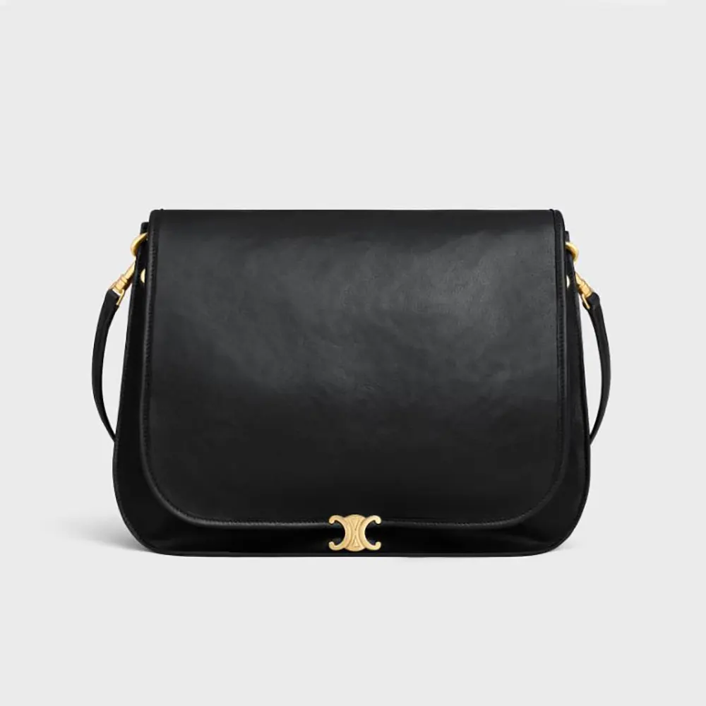 Celine Women Soft Triomphe Besace in Supple Shiny Lambskin-Black
