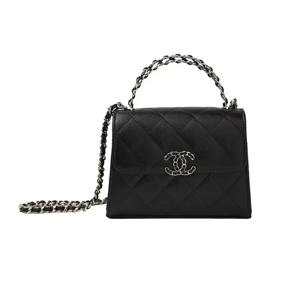 Chanel Women Clutch with Chain Grained Shiny Calfskin Gold Tone Metal-Black