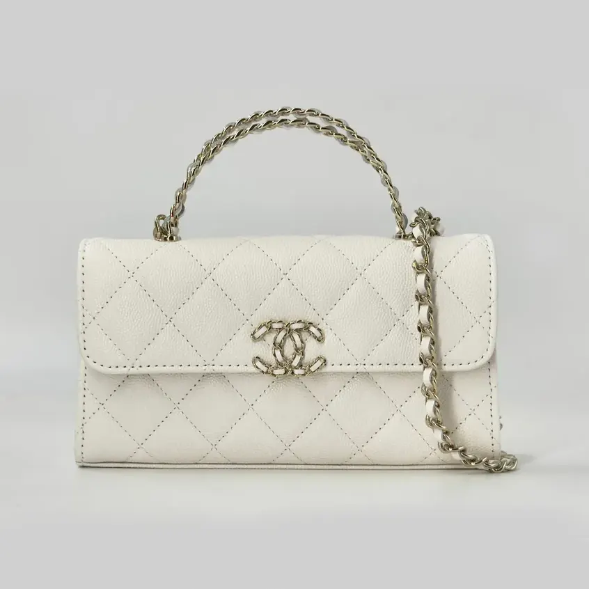Chanel Women Kelly 23 with Chain Grained Shiny Calfskin Gold Tone Metal-White