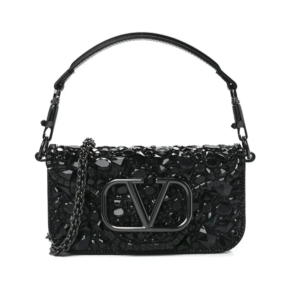 Valentino Women Valentino Garavani Locò Small Shoulder Bag With Sparkling Embroidery-Black